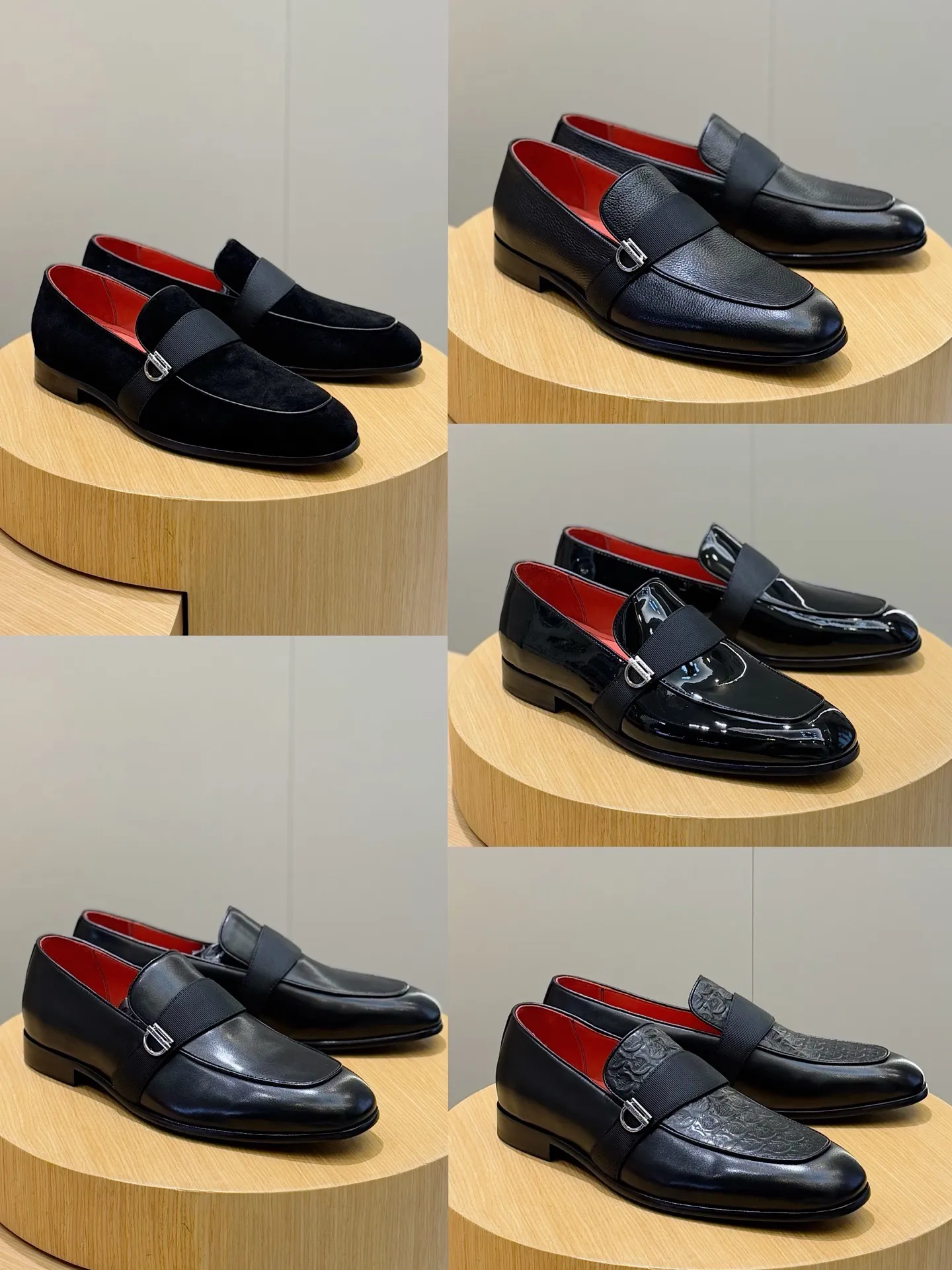 [Ferragam] Top P: 960💰 Size: 39-44 (38. 45.46 can be customized) Ferragamo Gancini buckle moccasins. These men's loafers are exquisite and gorgeous, with shiny patent leather uppers that highlight urban style. The almond-shaped toe adds a stylish touch, with three-dimensional stitching around the upper and contrasting tubular piping for a unique silhouette. The shoes are exquisitely crafted, with grosgrain ribbons and metallic Gancio buckles adding a classic touch, complementing the contrasting red accents. Finished with a slim leather sole. Imported cowhide upper + cowhide lining + genuine leather outsole.